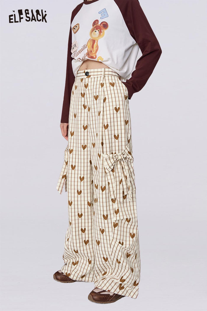 ELFSACK Loose-Fit Heart Plaid Wide-Leg Pants