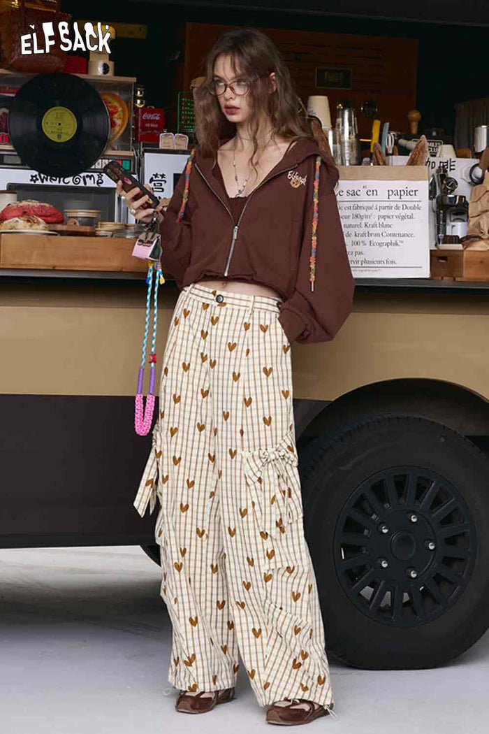 ELFSACK Loose-Fit Heart Plaid Wide-Leg Pants