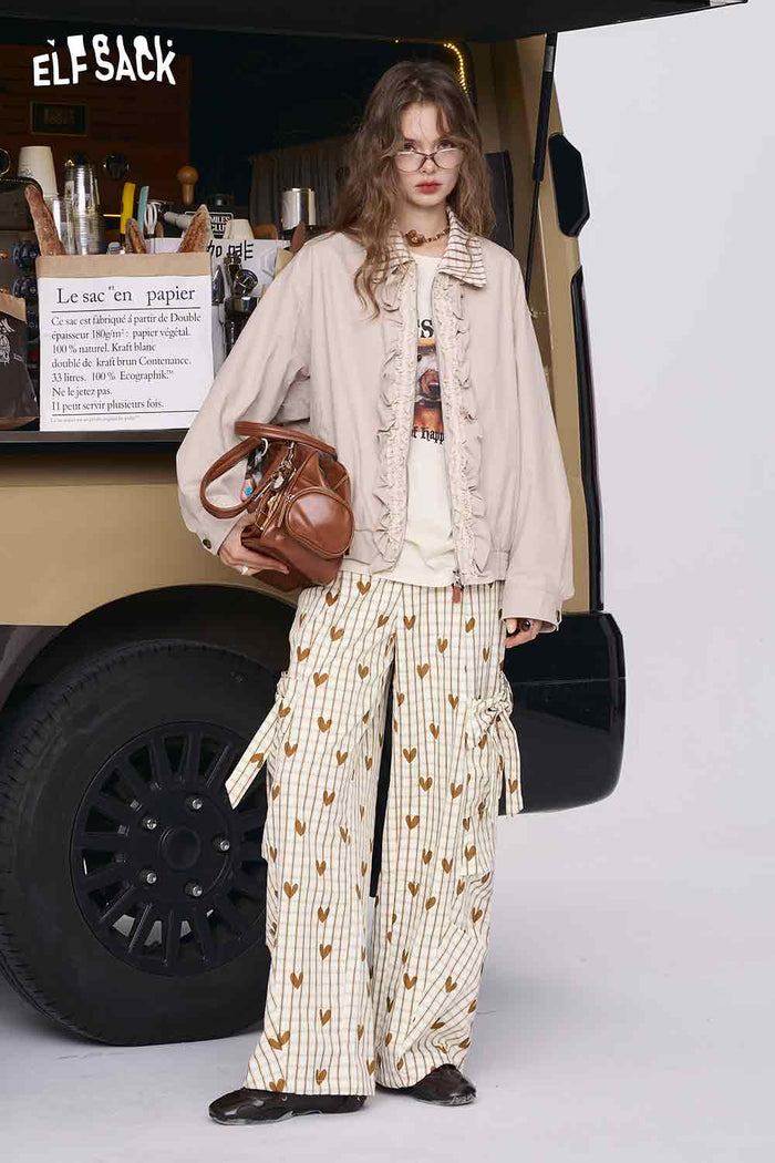 ELFSACK Loose-Fit Heart Plaid Wide-Leg Pants