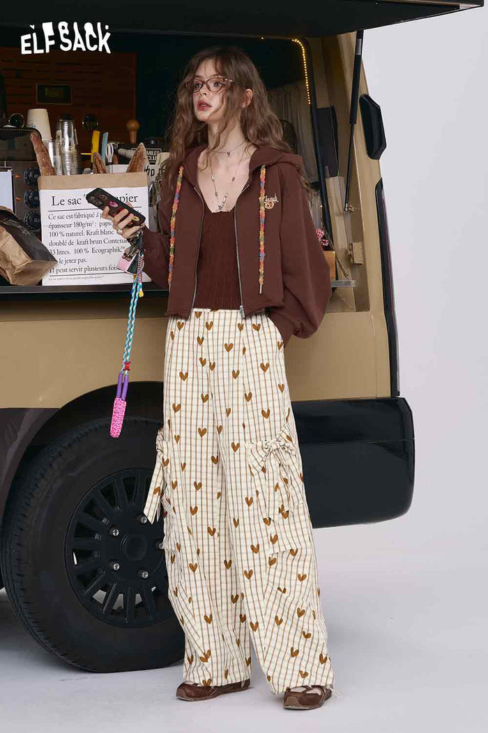 ELFSACK Loose-Fit Heart Plaid Wide-Leg Pants