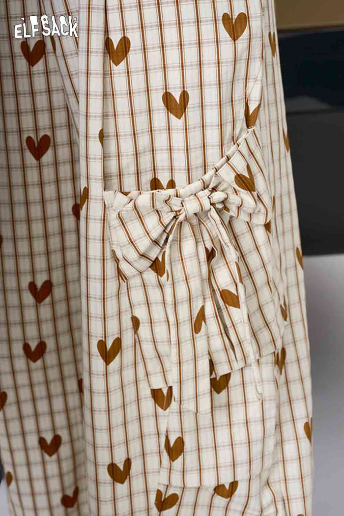 ELFSACK Loose-Fit Heart Plaid Wide-Leg Pants