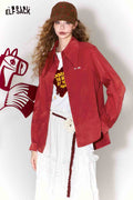 ELFSACK Loose Fit Pointed Collar Letter Embroidery Solid Long Sleeve Blouse