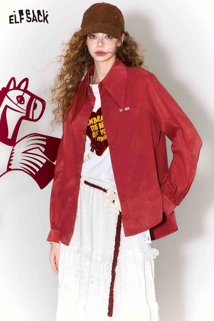 ELFSACK Loose Fit Pointed Collar Letter Embroidery Solid Long Sleeve Blouse