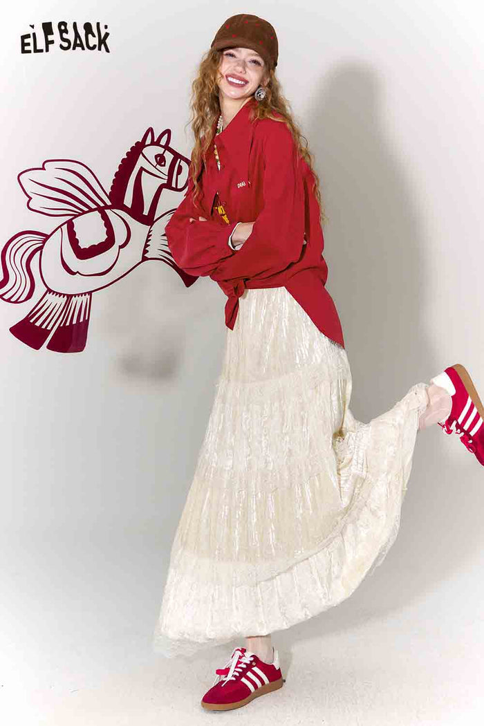ELFSACK Loose Fit Pointed Collar Letter Embroidery Solid Long Sleeve Blouse