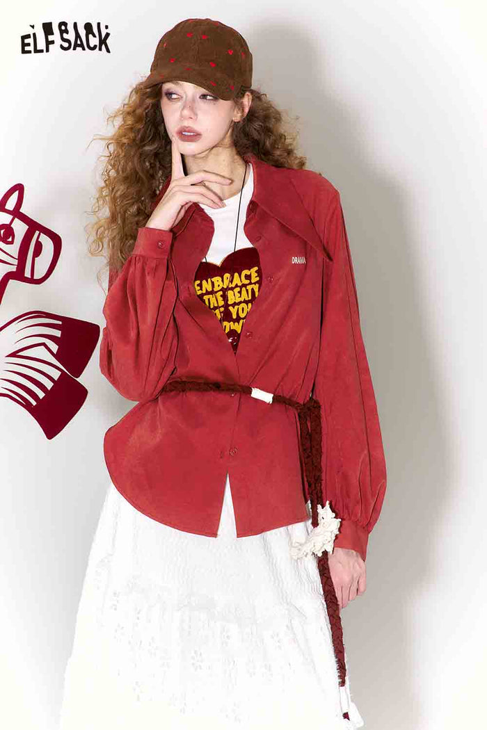 ELFSACK Loose Fit Pointed Collar Letter Embroidery Solid Long Sleeve Blouse