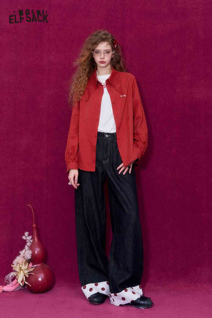 ELFSACK Loose Fit Pointed Collar Letter Embroidery Solid Long Sleeve Blouse