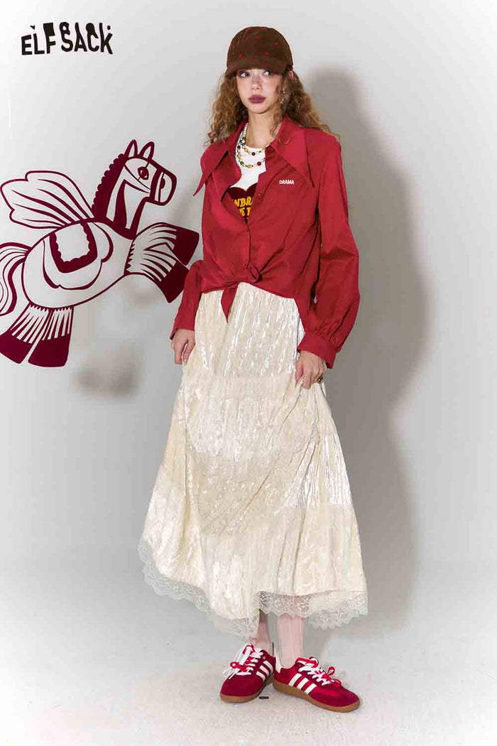 ELFSACK Loose Fit Pointed Collar Letter Embroidery Solid Long Sleeve Blouse