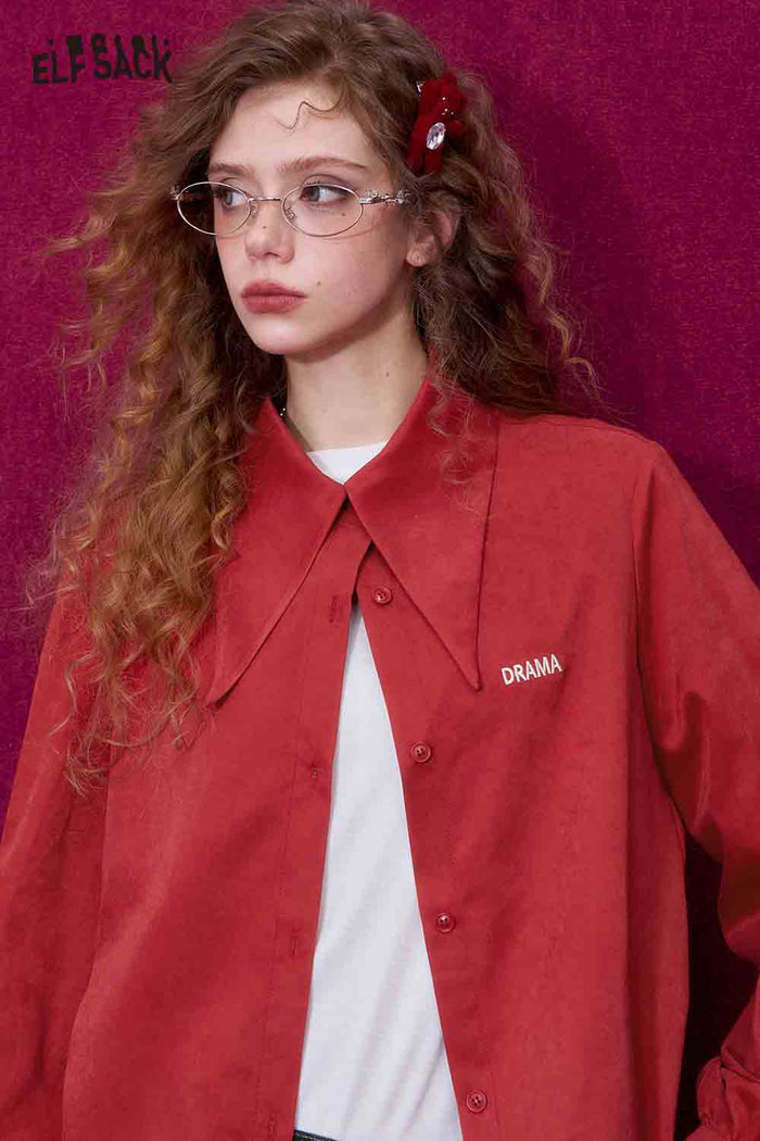 ELFSACK Loose Fit Pointed Collar Letter Embroidery Solid Long Sleeve Blouse