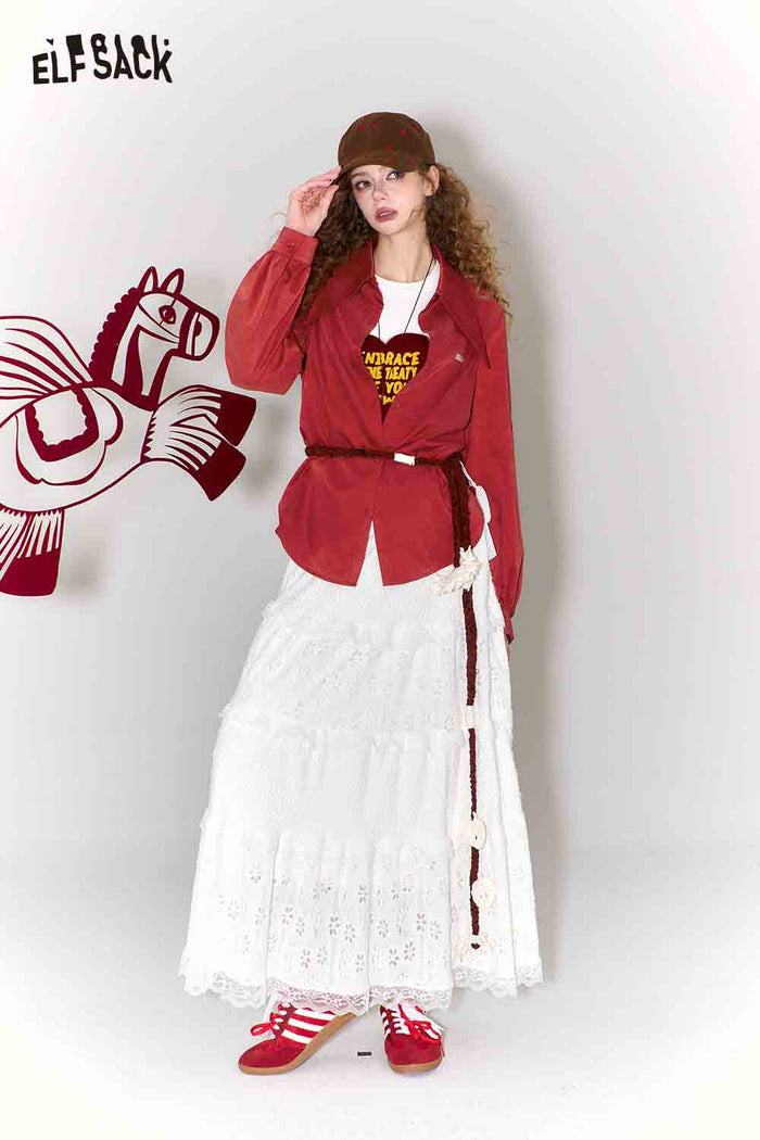 ELFSACK Loose Fit Pointed Collar Letter Embroidery Solid Long Sleeve Blouse