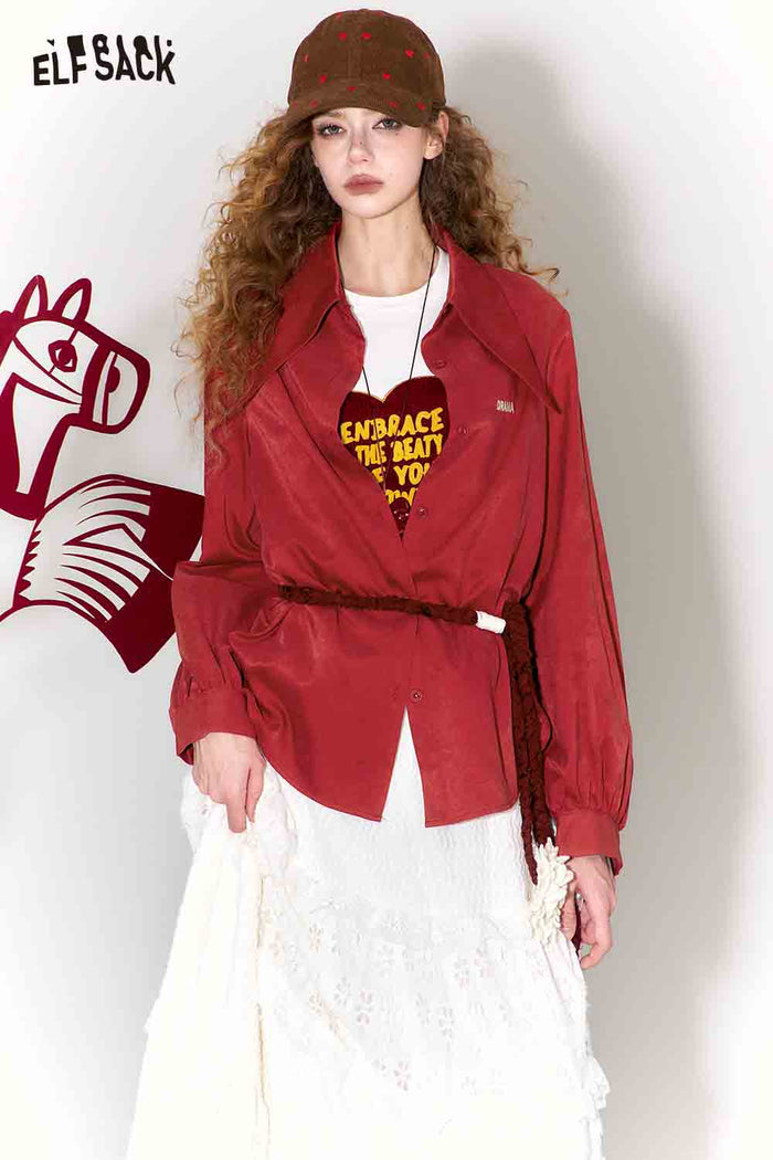 ELFSACK Loose Fit Pointed Collar Letter Embroidery Solid Long Sleeve Blouse
