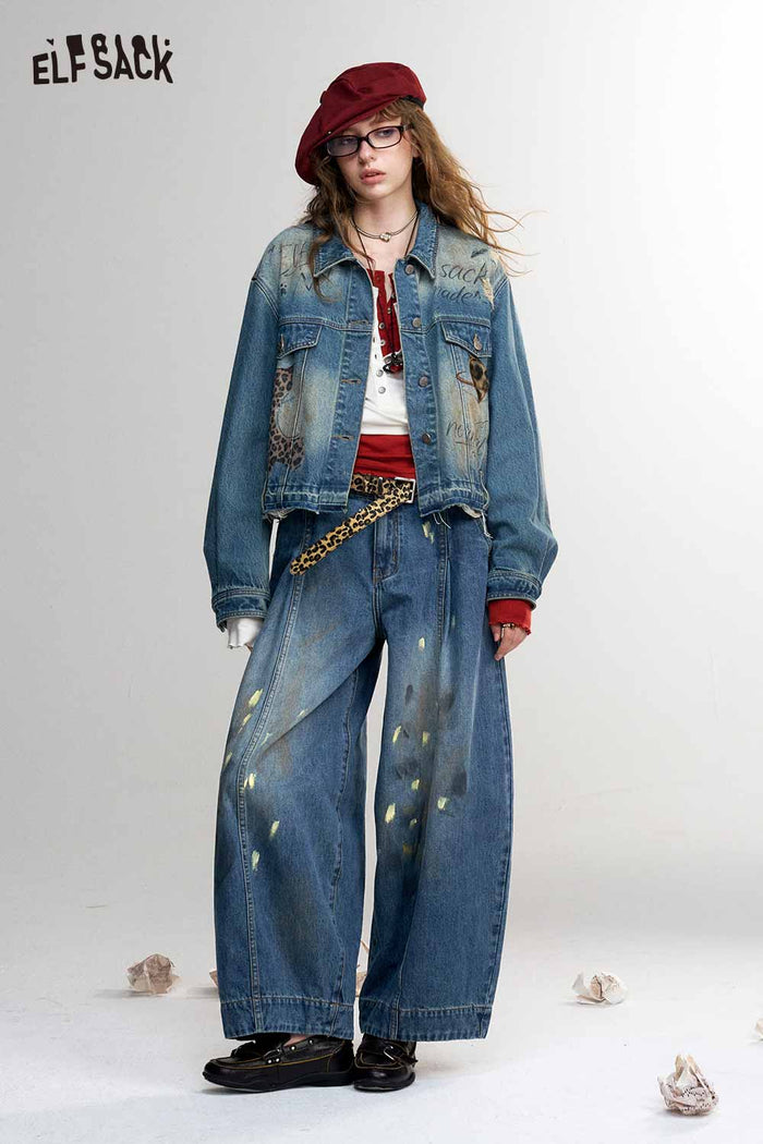 Loose Fit Wide Leg Paint Splatter Jeans