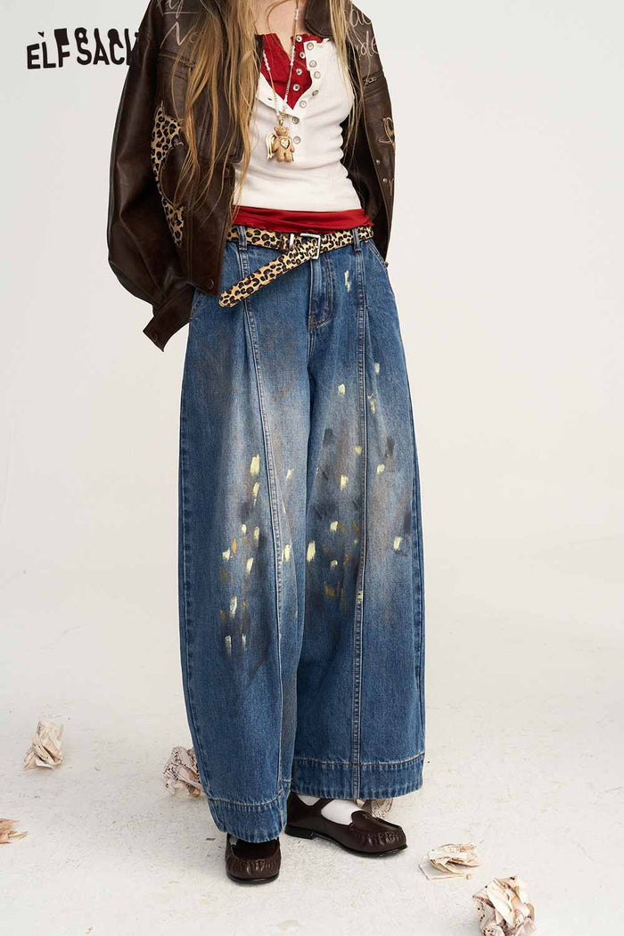 Loose Fit Wide Leg Paint Splatter Jeans