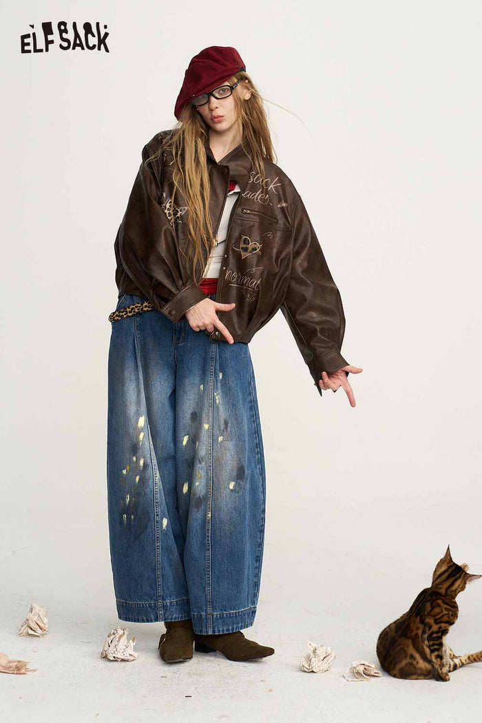 Loose Fit Wide Leg Paint Splatter Jeans