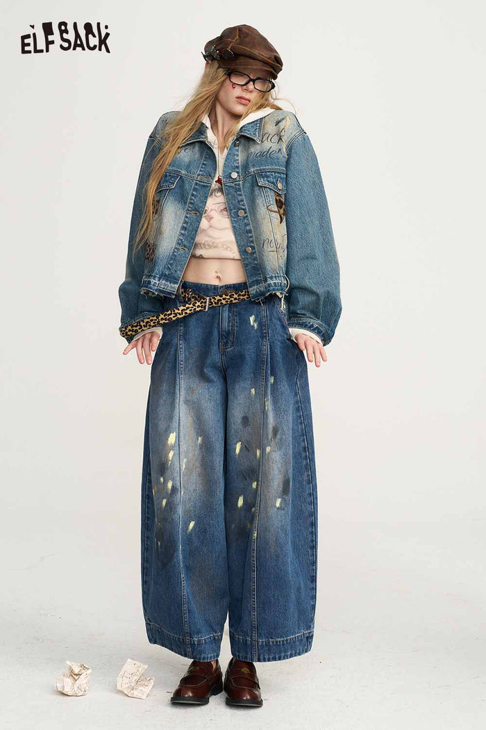 Loose Fit Wide Leg Paint Splatter Jeans