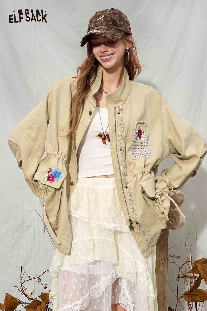 Loose Floral Embroidery Lapel Cargo Windbreaker