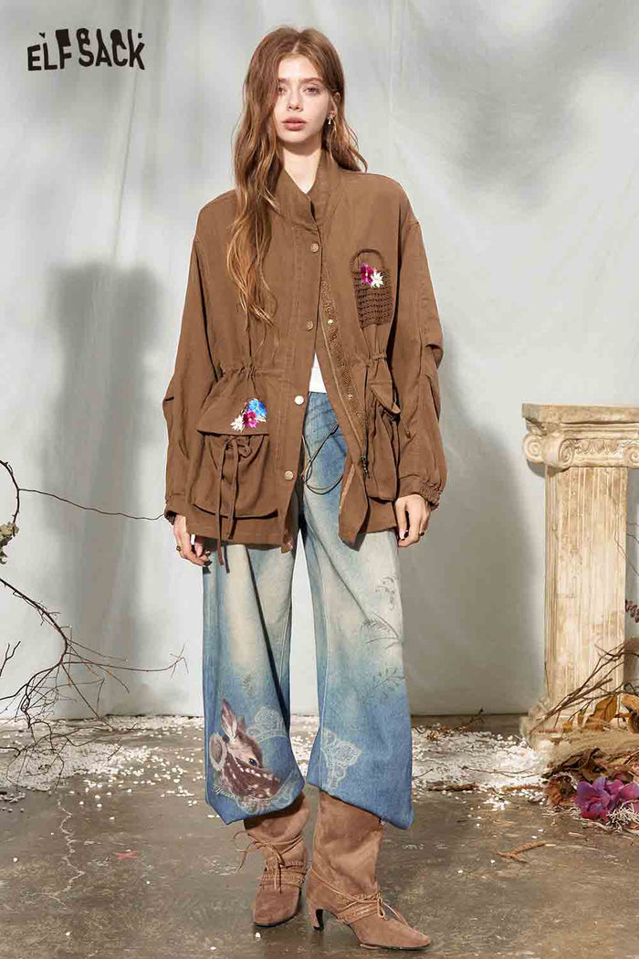 Loose Floral Embroidery Lapel Cargo Windbreaker
