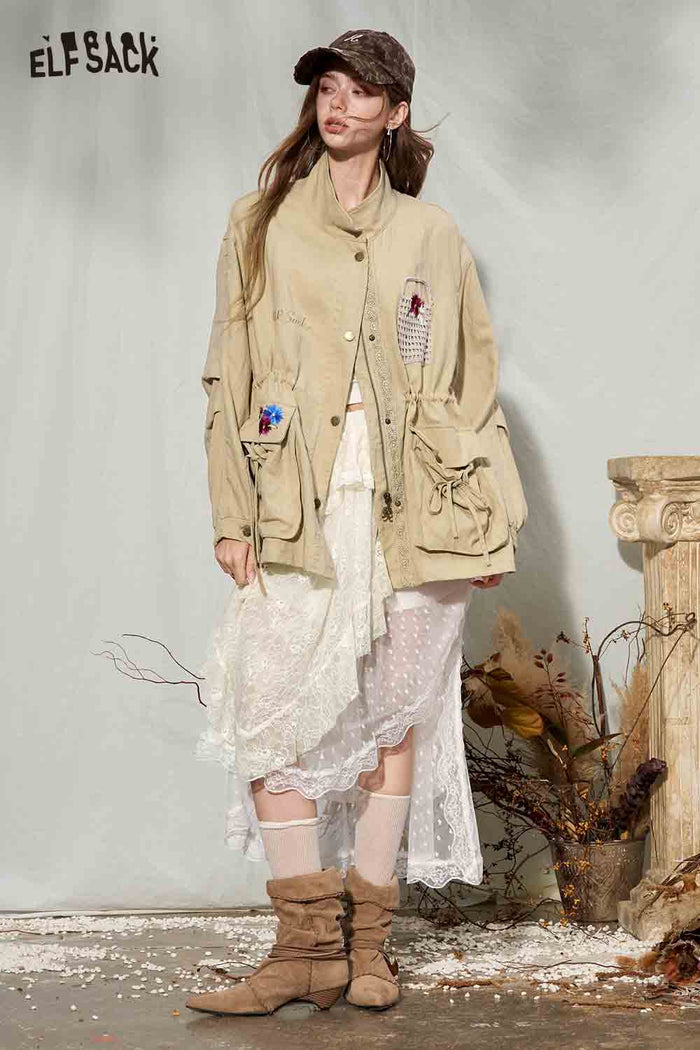 Loose Floral Embroidery Lapel Cargo Windbreaker