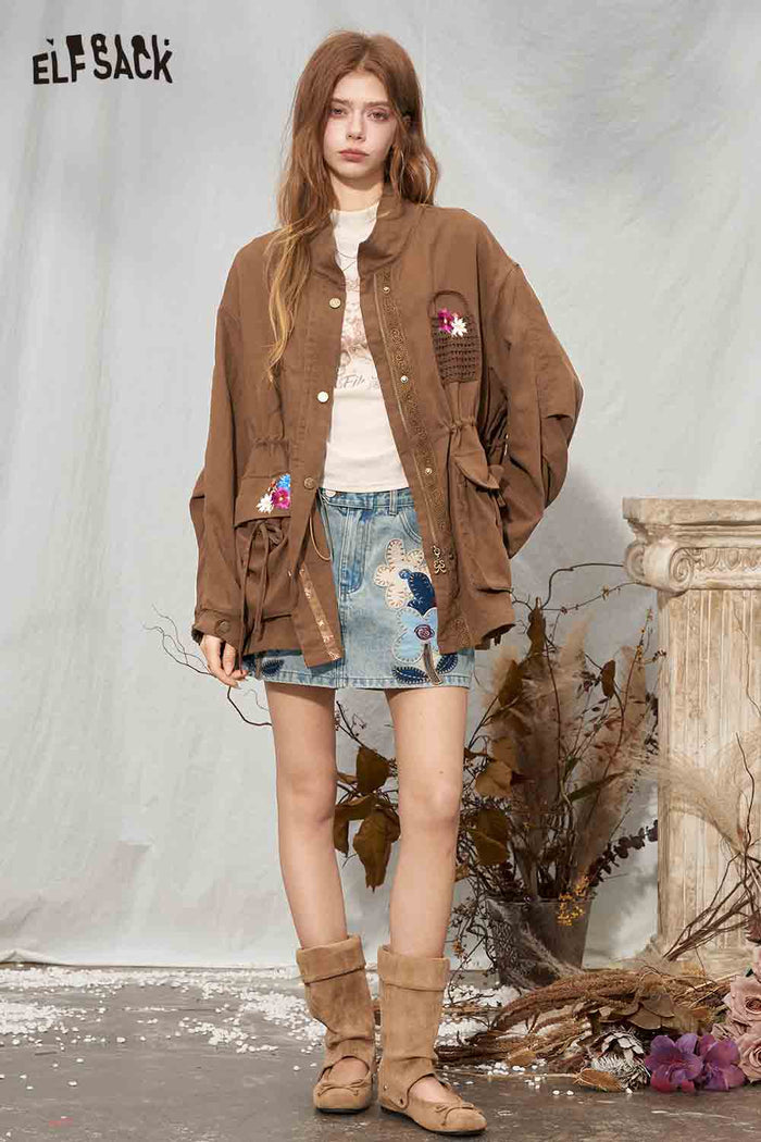 Loose Floral Embroidery Lapel Cargo Windbreaker