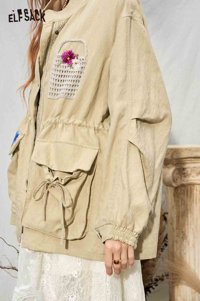 Loose Floral Embroidery Lapel Cargo Windbreaker