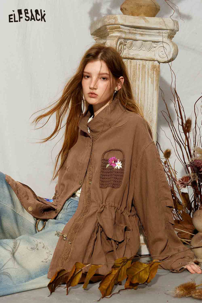 Loose Floral Embroidery Lapel Cargo Windbreaker