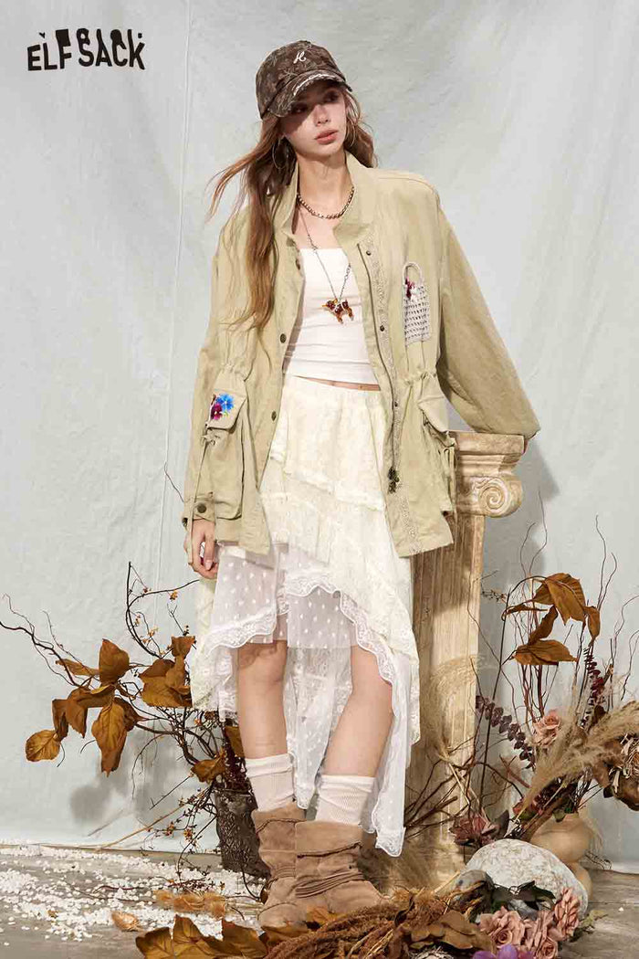 Loose Floral Embroidery Lapel Cargo Windbreaker