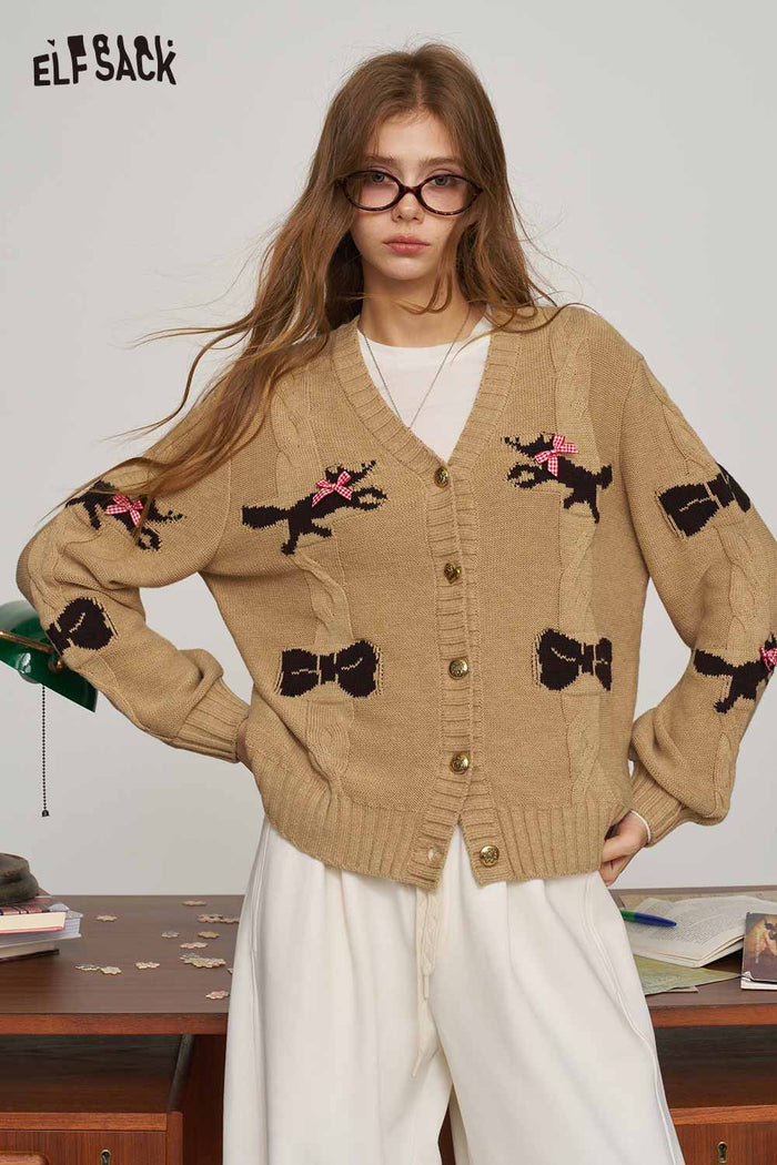 Loose Fox Print Bow Decor Puff Sleeve V Neck Sweater
