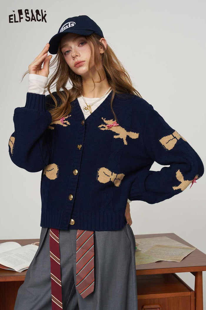Loose Fox Print Bow Decor Puff Sleeve V Neck Sweater
