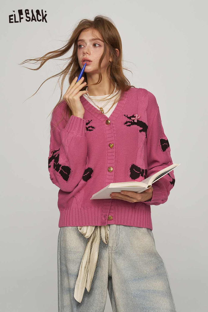 Loose Fox Print Bow Decor Puff Sleeve V Neck Sweater