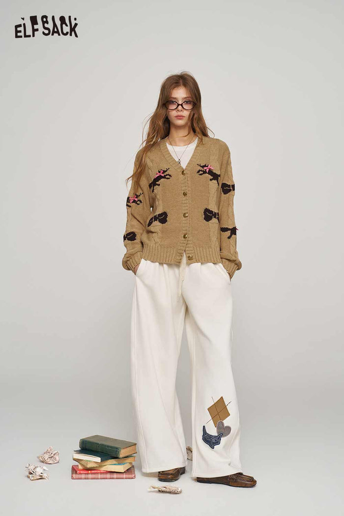 Loose Fox Print Bow Decor Puff Sleeve V Neck Sweater