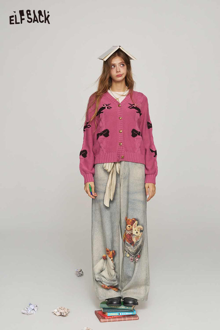 Loose Fox Print Bow Decor Puff Sleeve V Neck Sweater