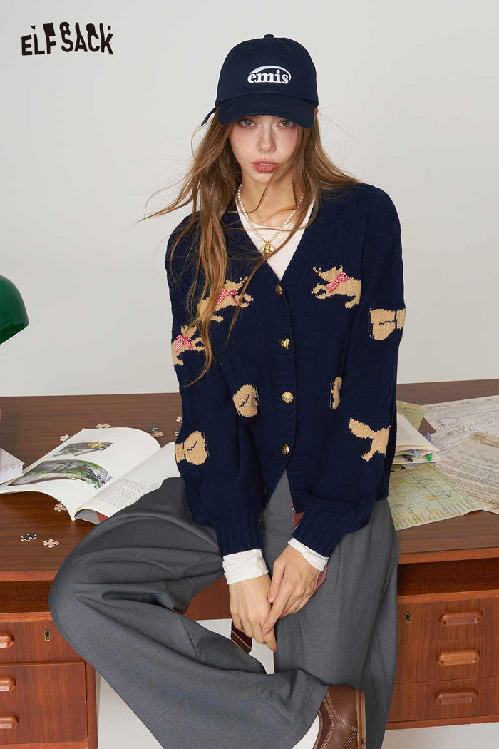 Loose Fox Print Bow Decor Puff Sleeve V Neck Sweater