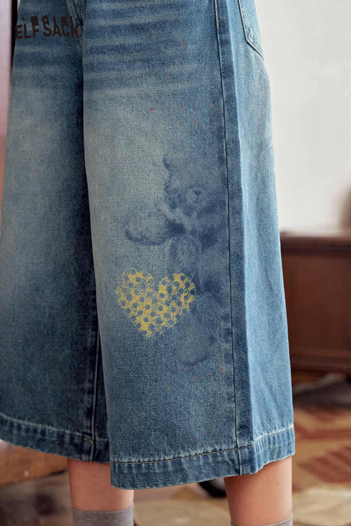 Loose Heart Print Denim Shorts