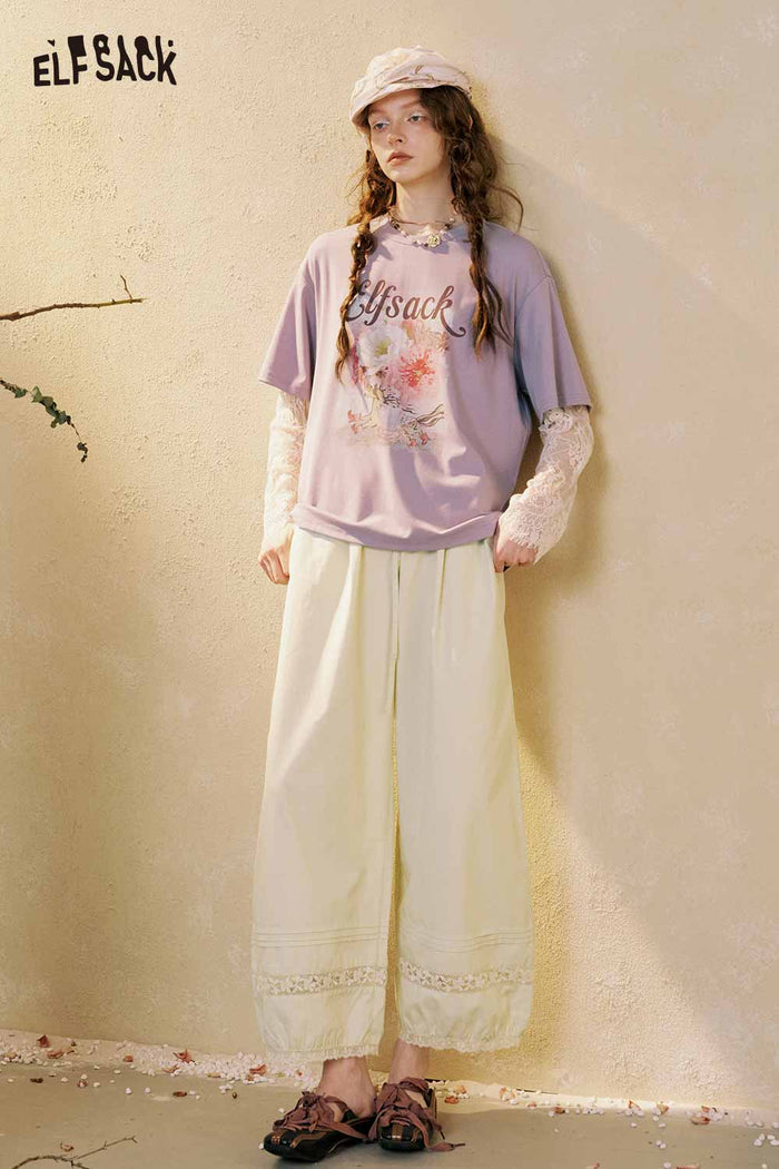 ELFSACK Loose Lace Hem Wide Leg Pants