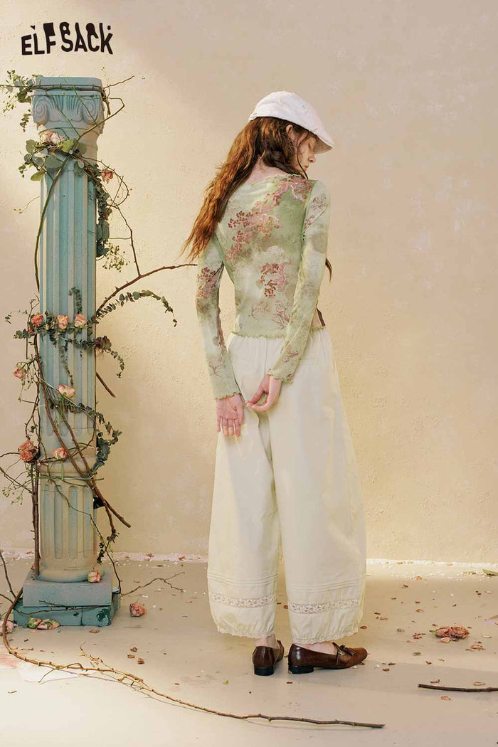 ELFSACK Loose Lace Hem Wide Leg Pants