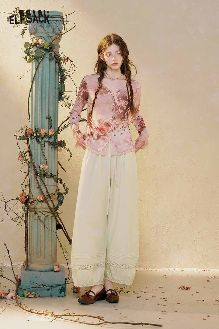 ELFSACK Loose Lace Hem Wide Leg Pants