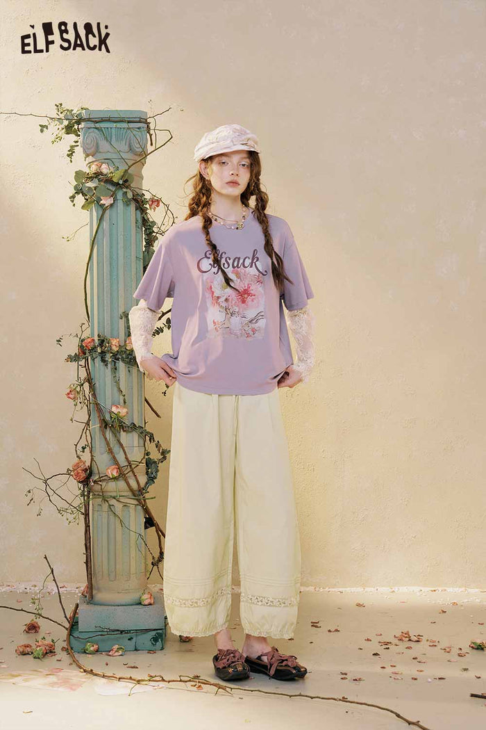 ELFSACK Loose Lace Hem Wide Leg Pants