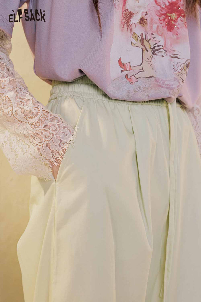 ELFSACK Loose Lace Hem Wide Leg Pants