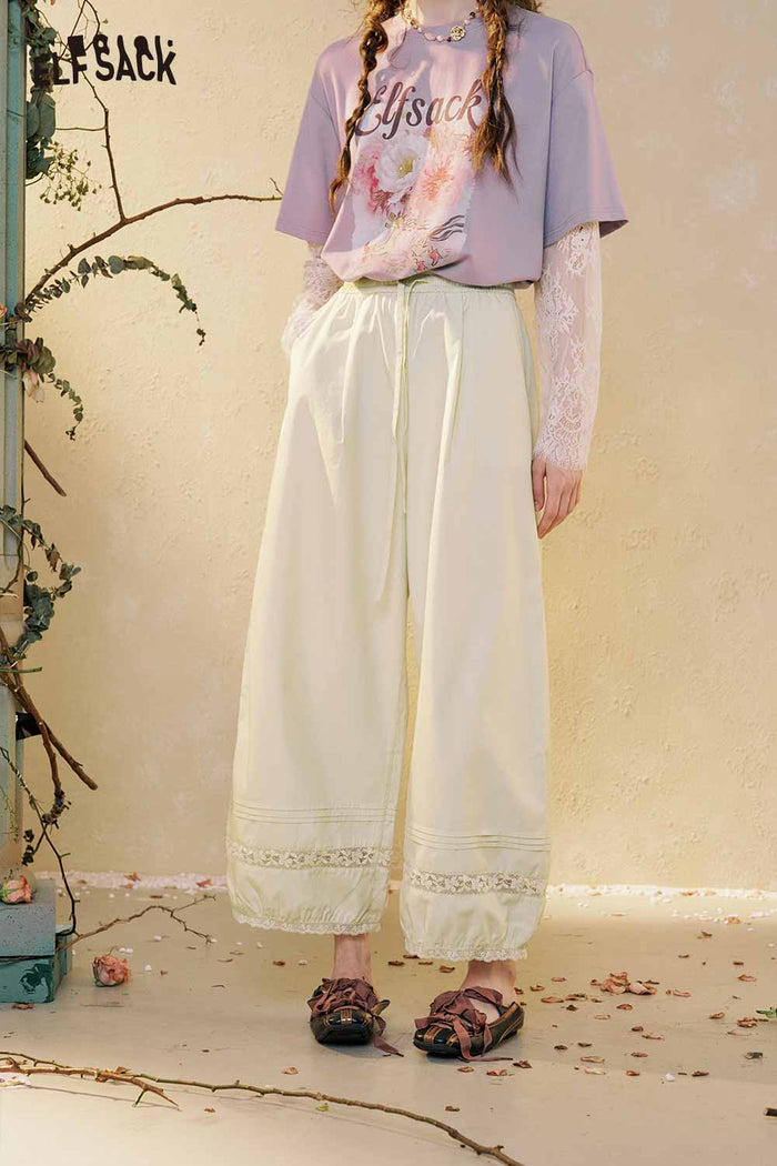ELFSACK Loose Lace Hem Wide Leg Pants