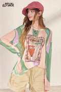 Loose Long Sleeve Fox Graphic Tie Dye Tee