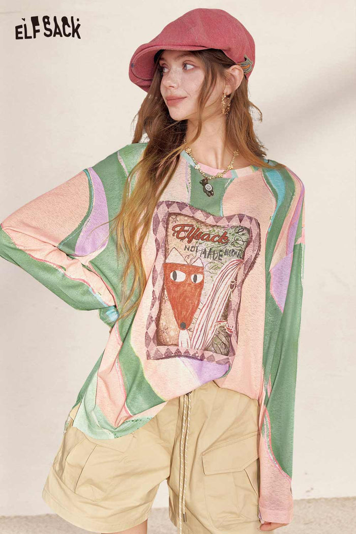 Loose Long Sleeve Fox Graphic Tie Dye Tee