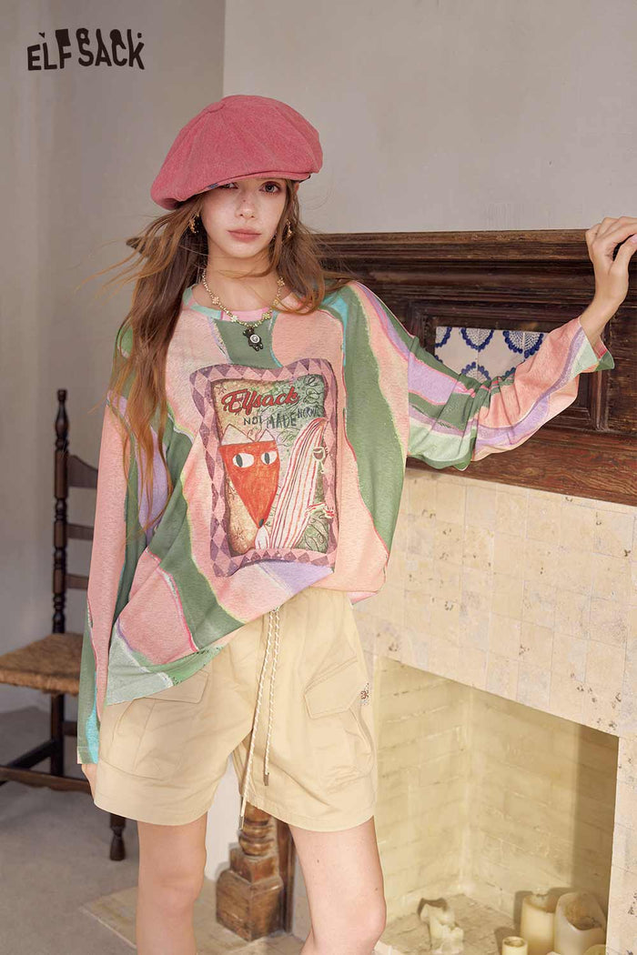 Loose Long Sleeve Fox Graphic Tie Dye Tee