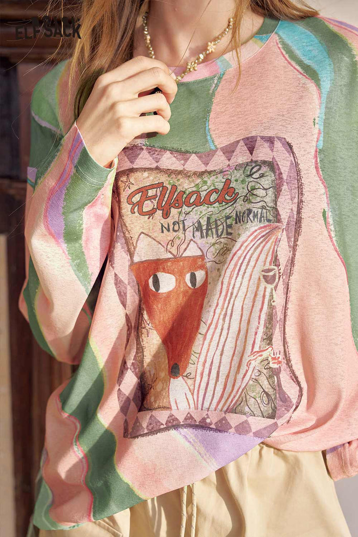 Loose Long Sleeve Fox Graphic Tie Dye Tee