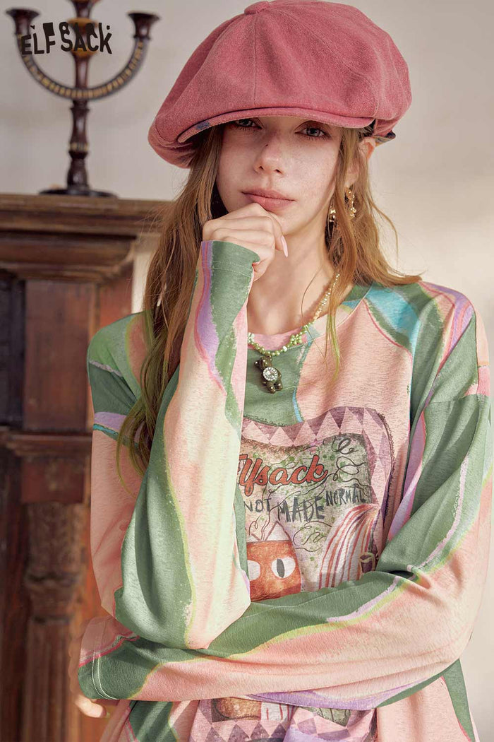 Loose Long Sleeve Fox Graphic Tie Dye Tee