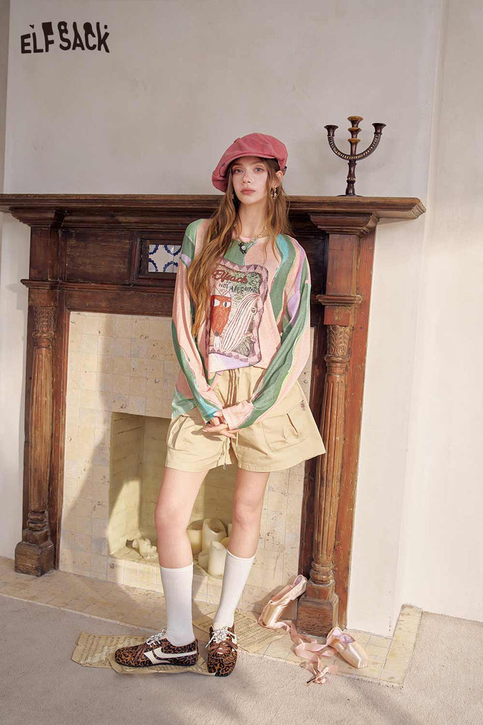 Loose Long Sleeve Fox Graphic Tie Dye Tee