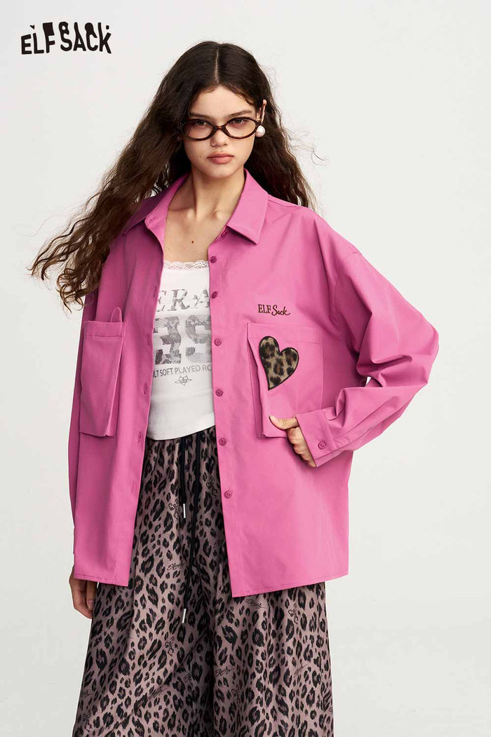 Loose Long Sleeve Leopard Heart Pocket Blouse