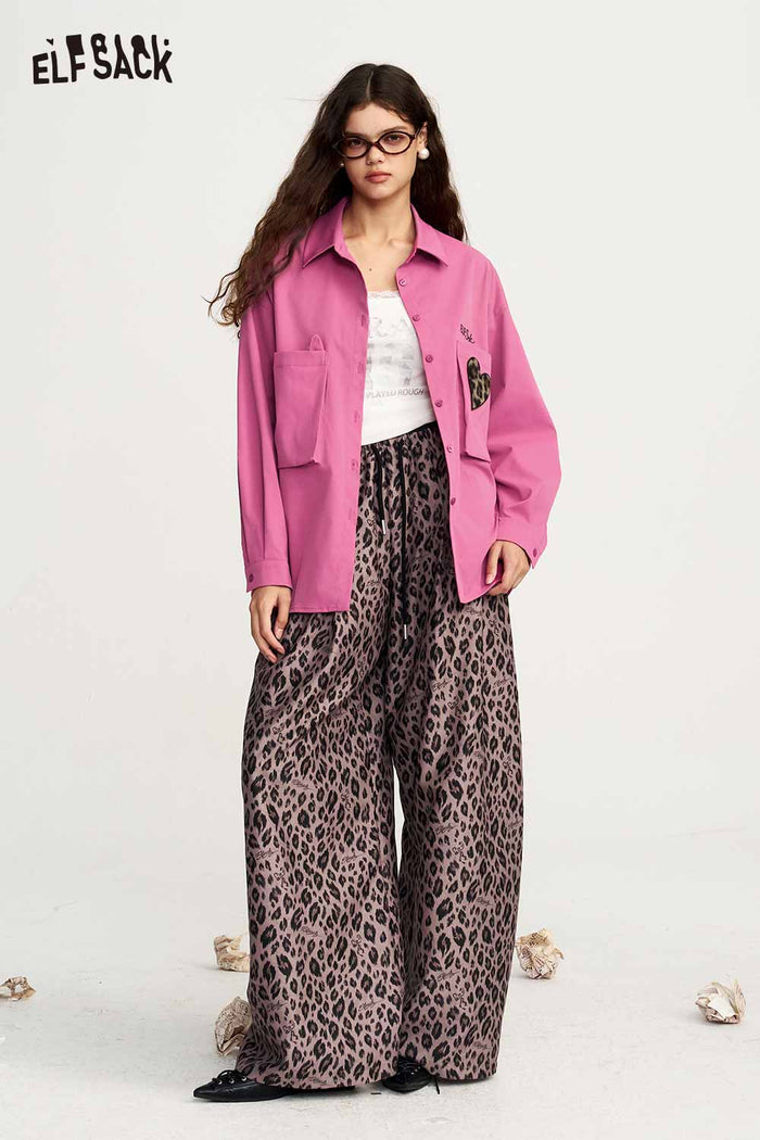 Loose Long Sleeve Leopard Heart Pocket Blouse