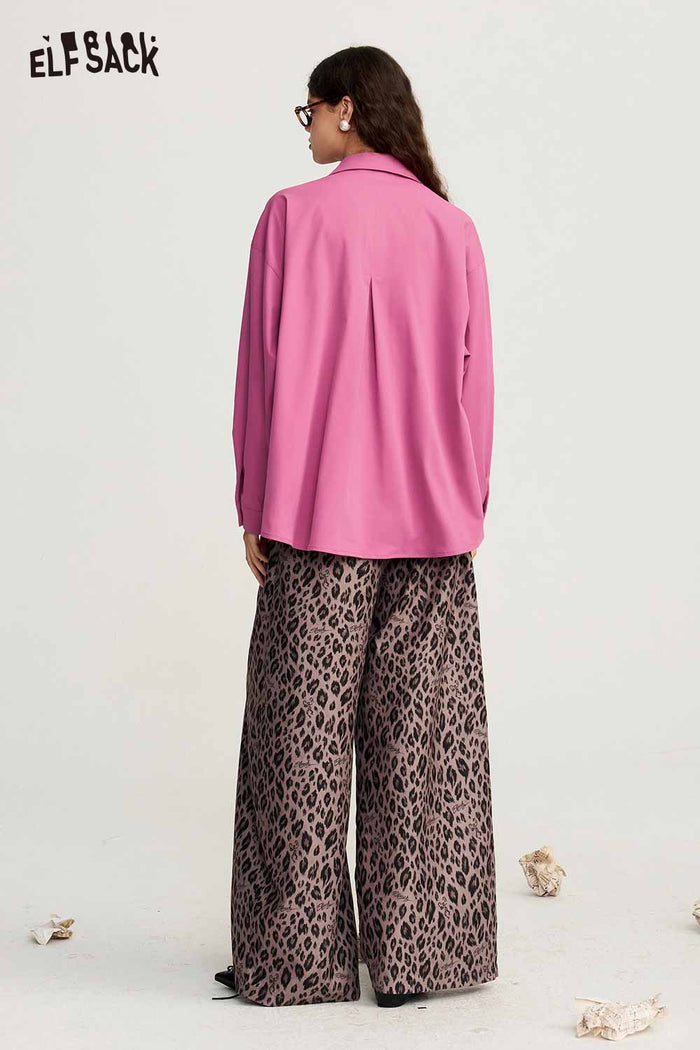 Loose Long Sleeve Leopard Heart Pocket Blouse
