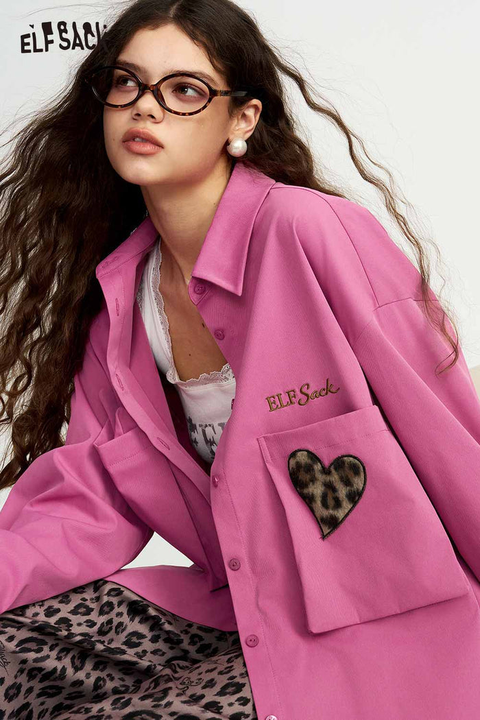 Loose Long Sleeve Leopard Heart Pocket Blouse