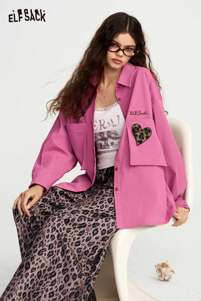 Loose Long Sleeve Leopard Heart Pocket Blouse