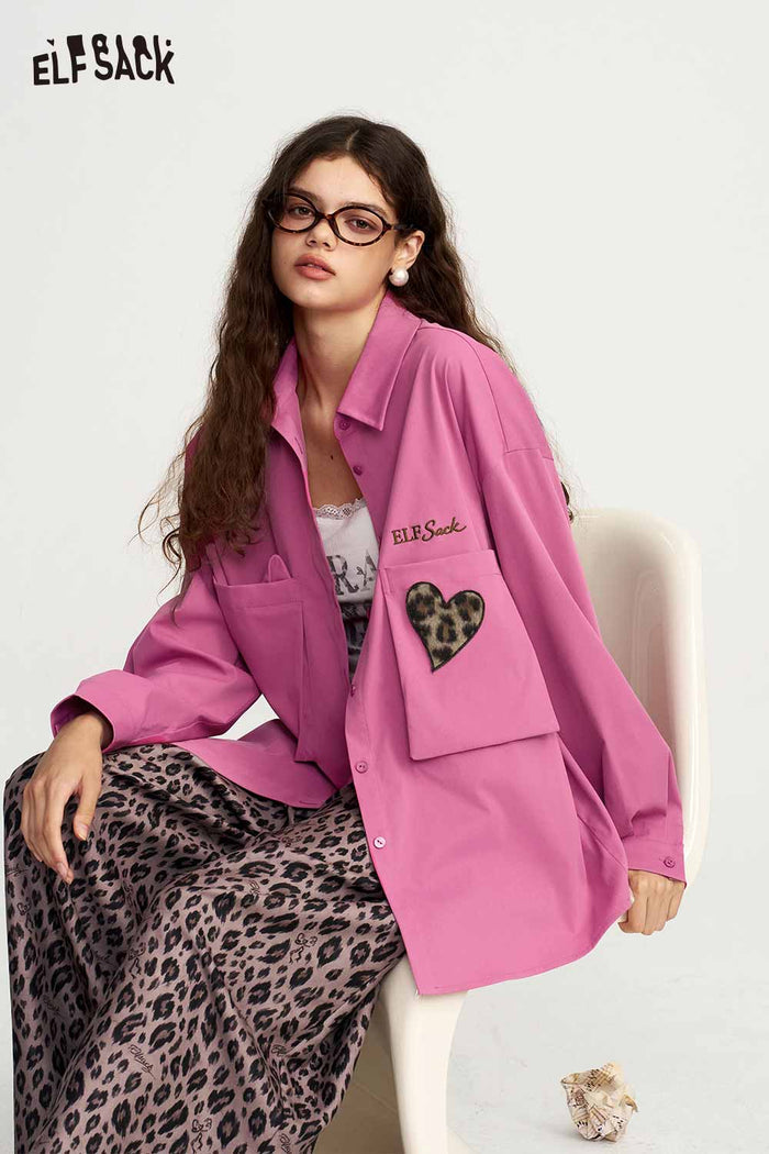Loose Long Sleeve Leopard Heart Pocket Blouse